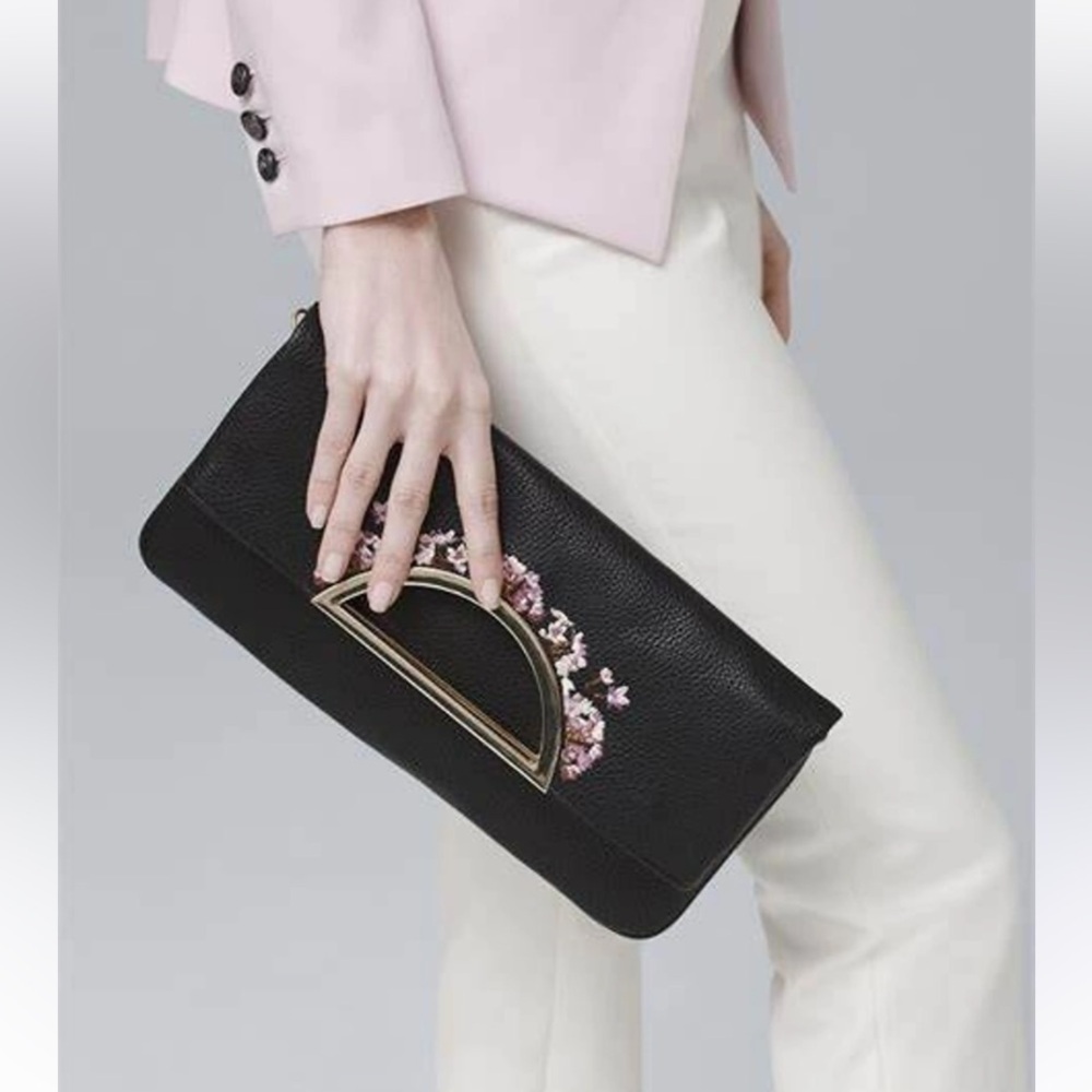 White House Black Market Faux Leather Floral Embroidered Clutch Handbag wristlet